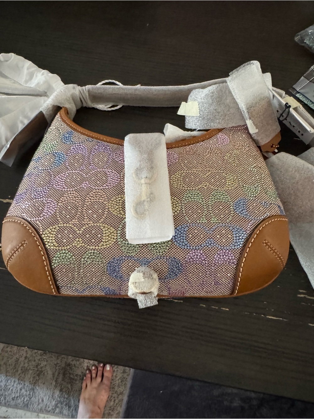 Coach Multicolor Iridescent Signature Shoulder Bag with Brown Leather Trim